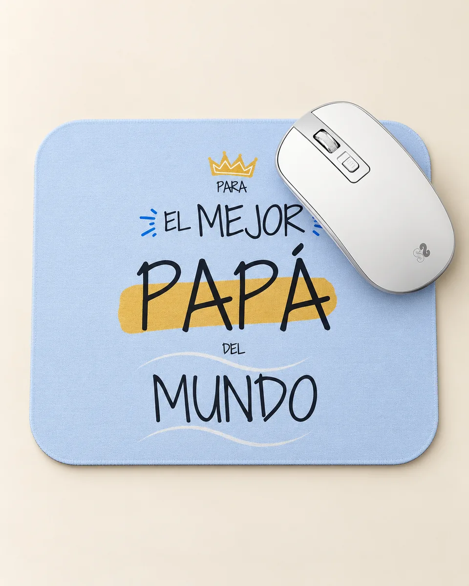 Alfombrilla de ratón clara con el mensaje Para el mejor papá del mundo, junto a un ratón blanco