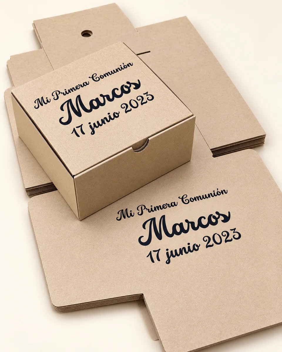 Caja de cartón de color kraft con una personalización de primera comunión