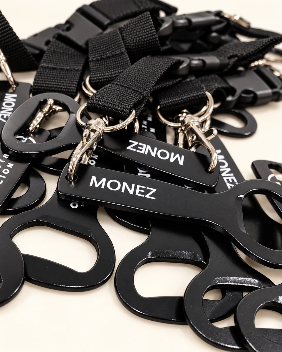 Llaveros abrebotellas negros con mosquetón y el nombre Monez personalizado en blanco