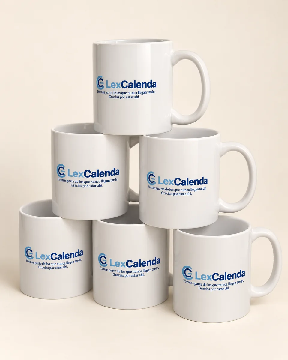 Conjunto de tazas blancas con el logotipo azul de LexCalenda, personalizadas por RKL Print